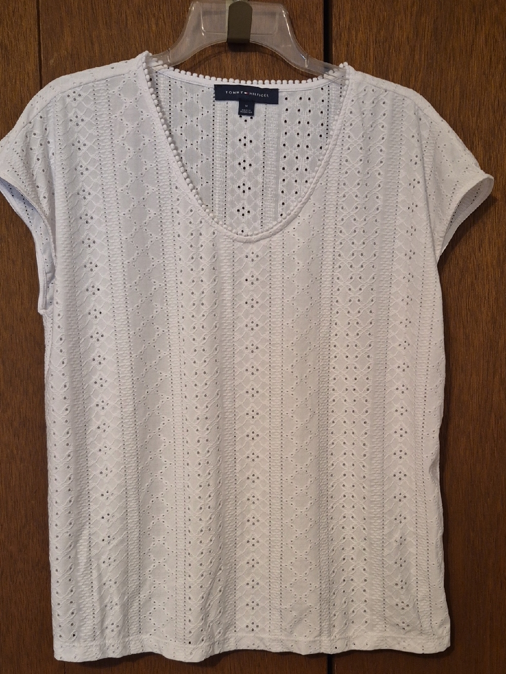 Tommy Hilfiger Womens White Eyelet Knit Short Sleeve Tee SZ M